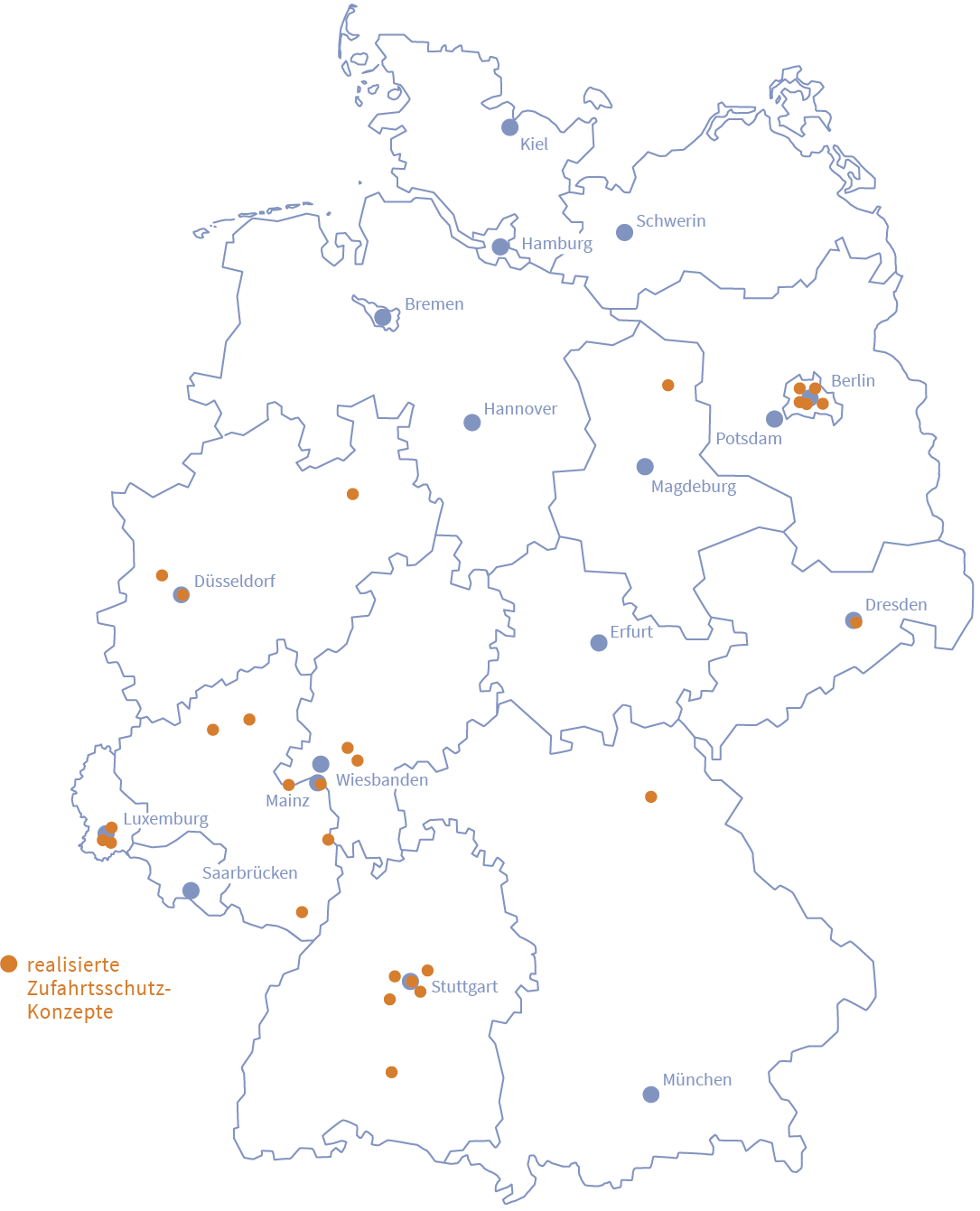 Deutschland Karte mit den markierten Referenzen der Initiative Breitscheidplatz